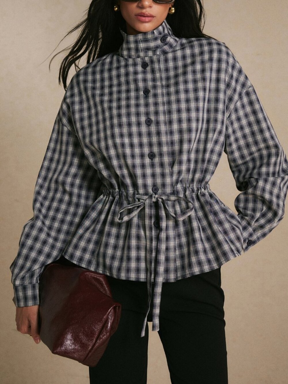 Navy Blue Casual Women's Plaid Lightweight Jacket